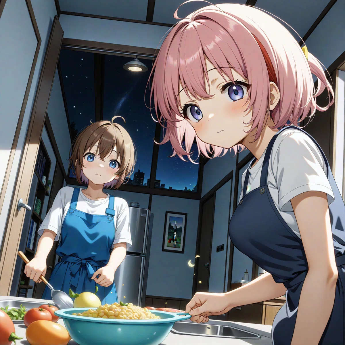 ビンク色の髪の女の子がお母さんと料理の練習をしているイラスト