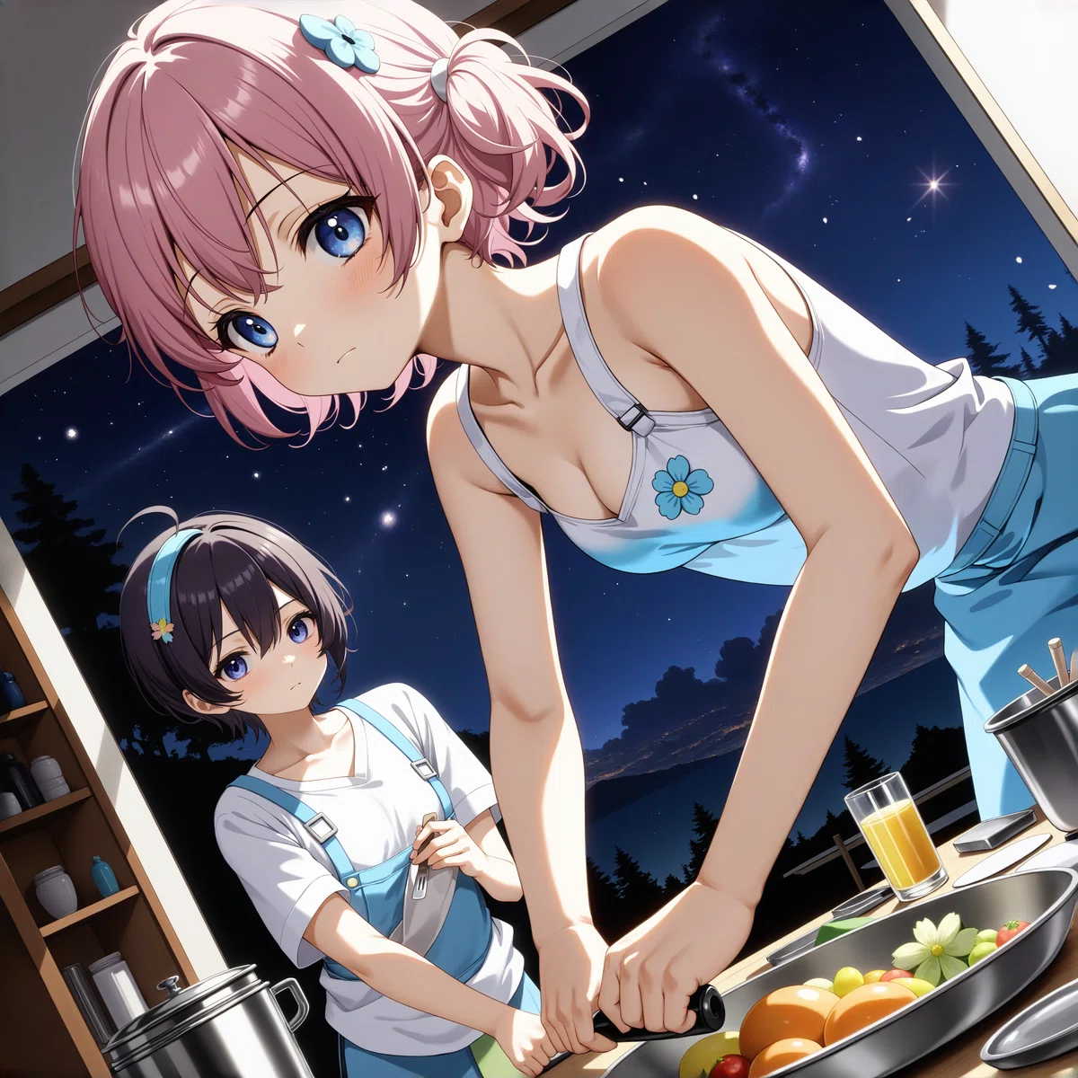 夏にビンク色の髪の女の子が母親と料理の練習をしているイラスト