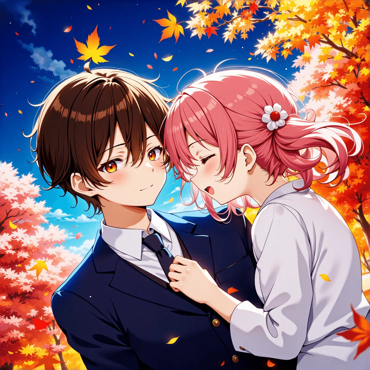 秋の紅葉の並木道でビンク色の髪の女の子が少し年上の黒髪の男の子に抱きついて喜んでいるイラスト