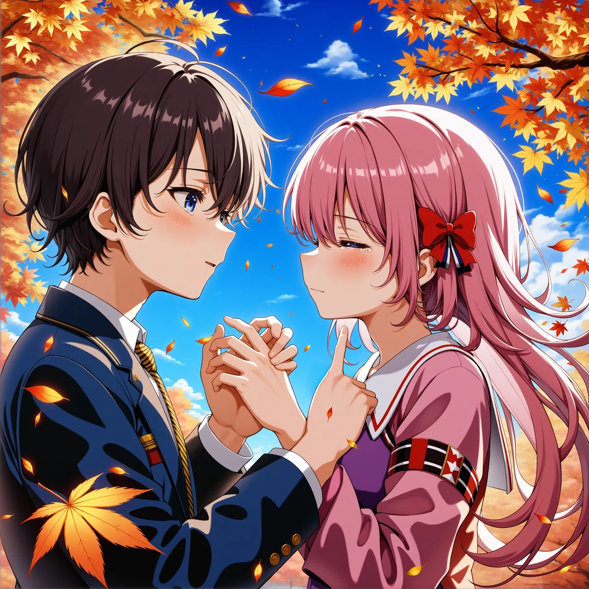 秋の紅葉の並木道でビンク色の髪の女の子が少し年上の黒髪の男の子に告白して振られて涙を流しているイラスト