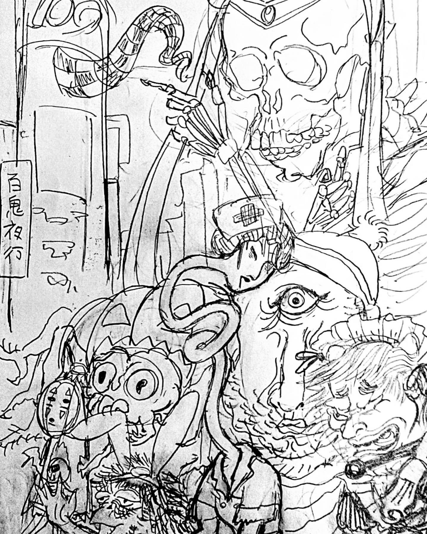手描きイラスト✢創作水彩原画『百鬼夜行』 現代版百鬼夜行｜pipa