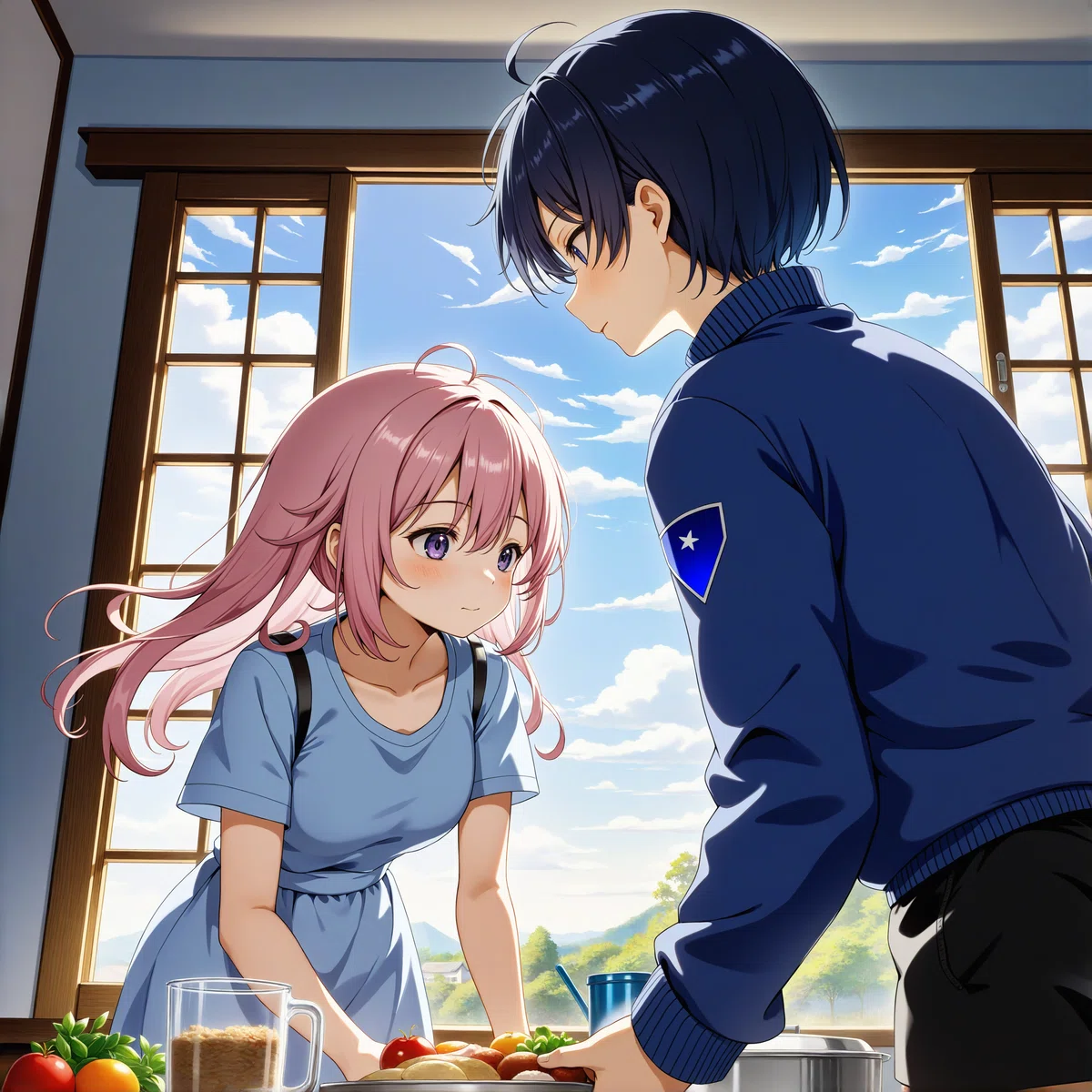 ビンク色の髪の女の子と少し年上の黒髪の男の子に料理を出しているイラスト
