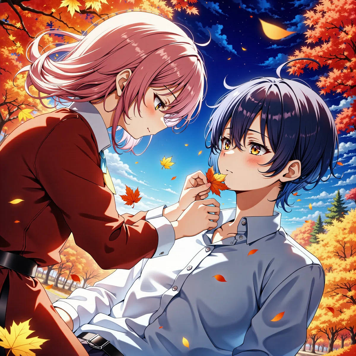 秋の紅葉の並木道でビンク色の髪の女の子が少し年上の黒髪の男の子にイタズラっぽい笑みを浮かべながら葉っぱを口に入れようとしているイラスト