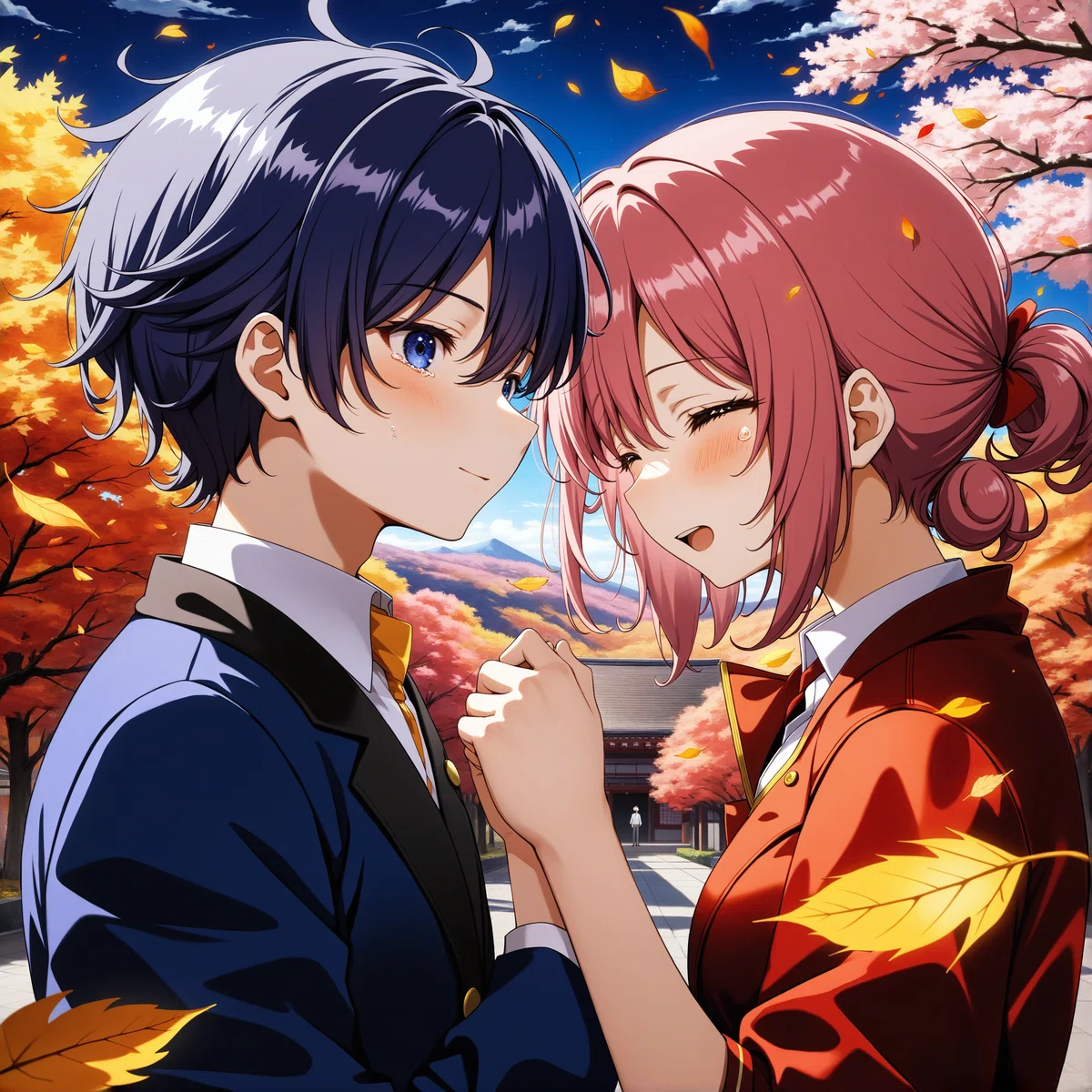 秋の紅葉の並木道でビンク色の髪の女の子が少し年上の黒髪の男の子と手を取り合って泣いているイラスト