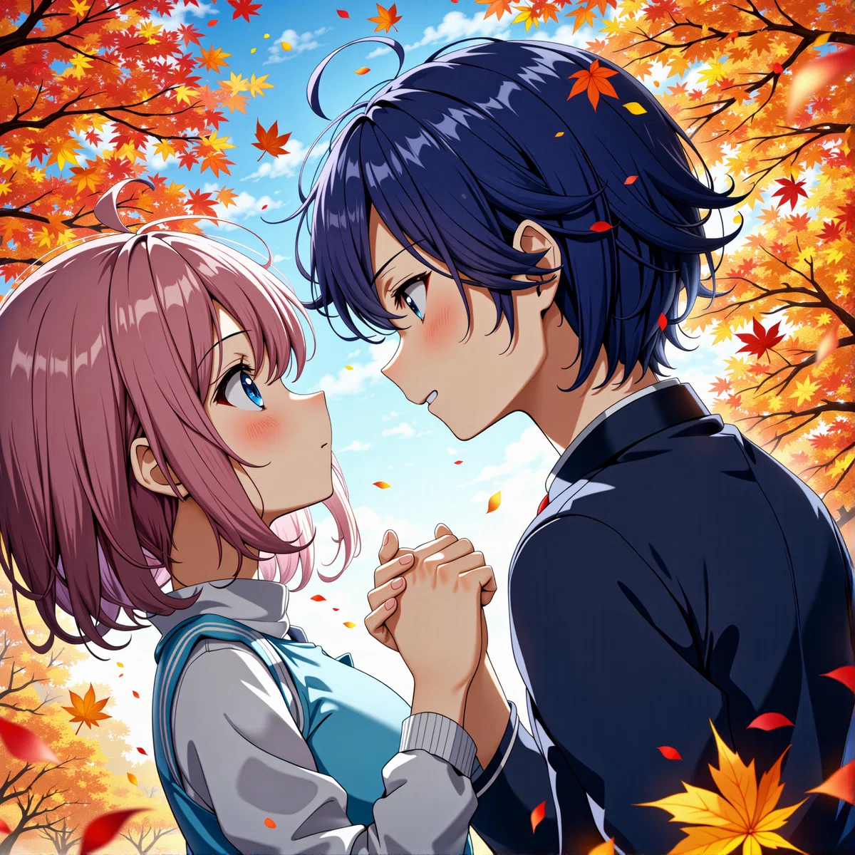 秋の紅葉の並木道でビンク色の髪の女の子が少し年上の黒髪の男の子と手を握ってお互いを見つめ合っているイラスト