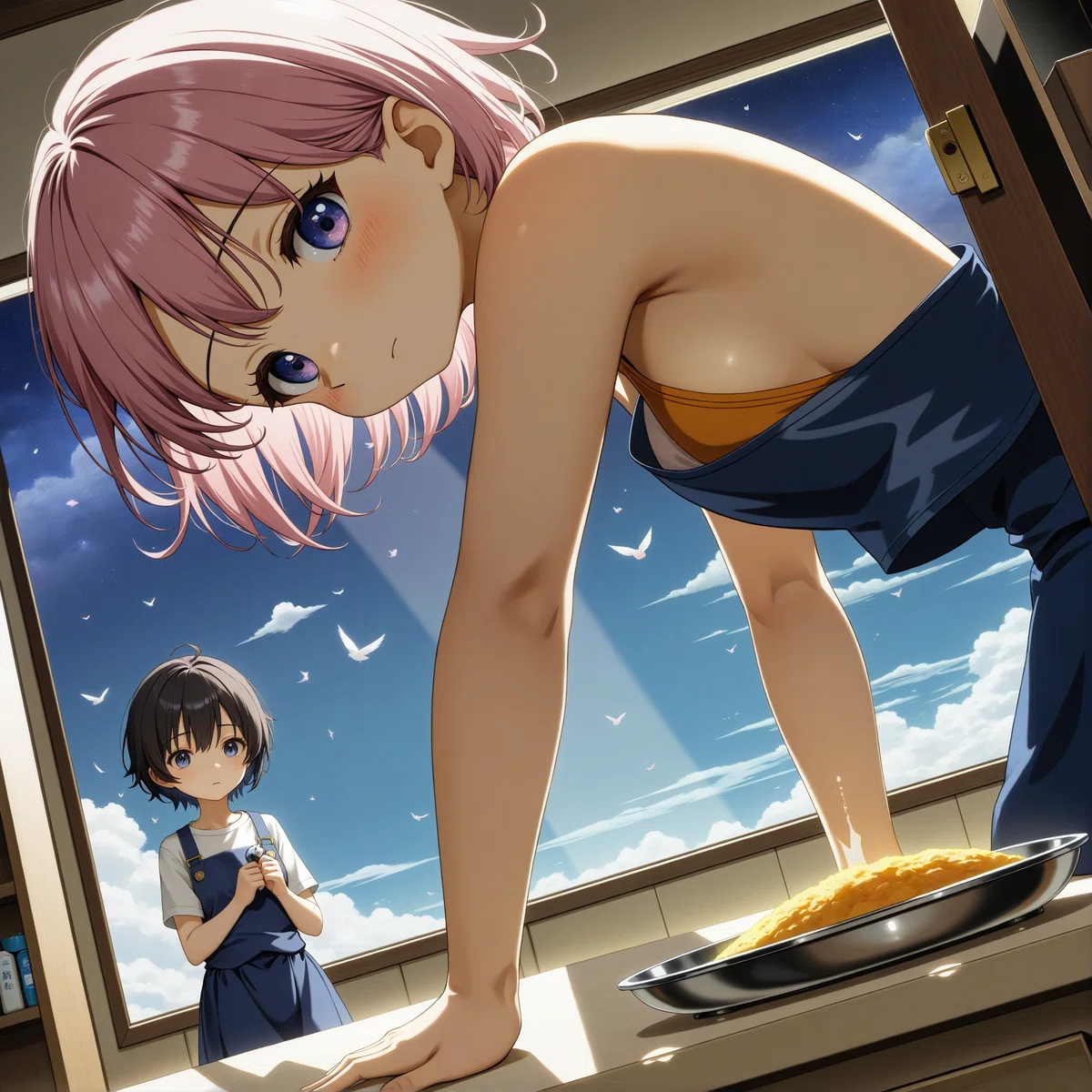 ビンク色の髪の女の子が母親と料理の練習をしている時に服がはだけたイラスト