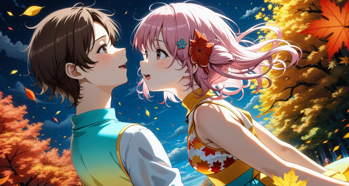 秋の紅葉の夕方の並木道でビンク色の髪の女の子が少し年上の黒髪の男の子と紅葉に見とれているイラスト