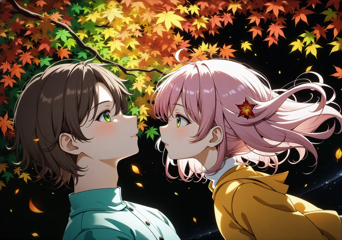 再度レンダリングして完成したイラスト、赤、緑、黄色のきれいな紅葉と少し表情が落ち着いた二人が写っている