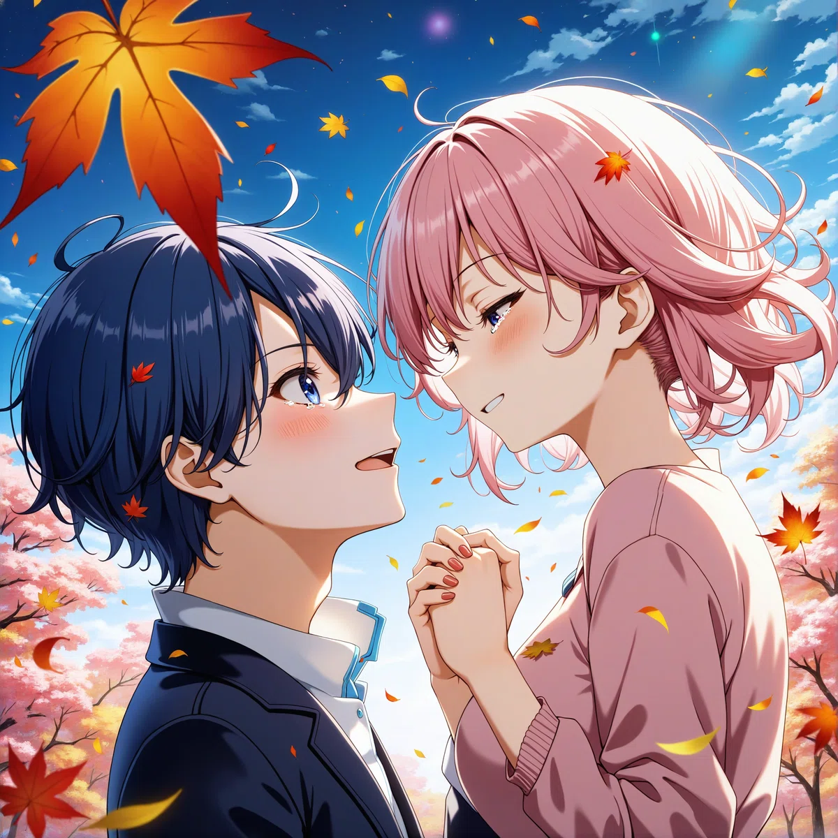 大人になった二人が同じ並木道で再開して涙を流しているイラスト