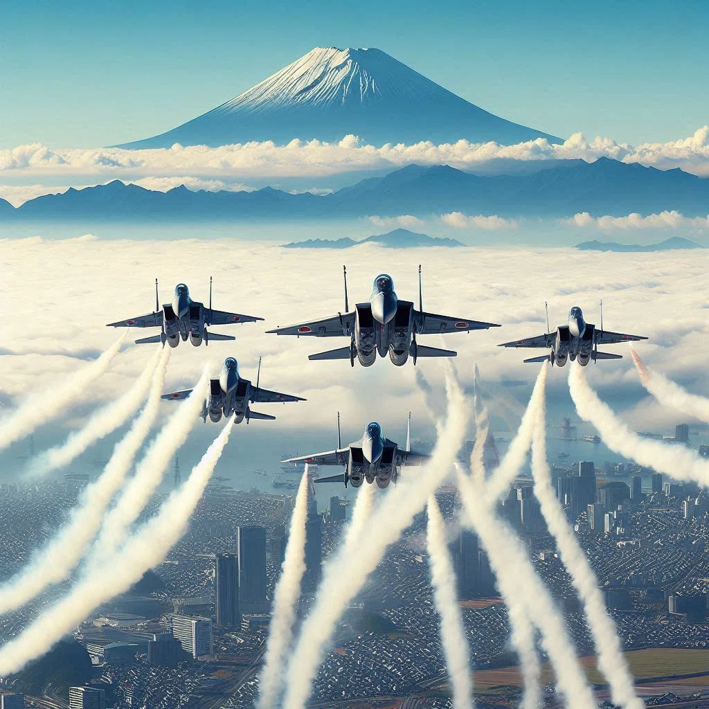 快晴の空、富士山へ向かって5機のブルーインパルスが、白い煙を吐き出しながら爽快に空を滑空する!