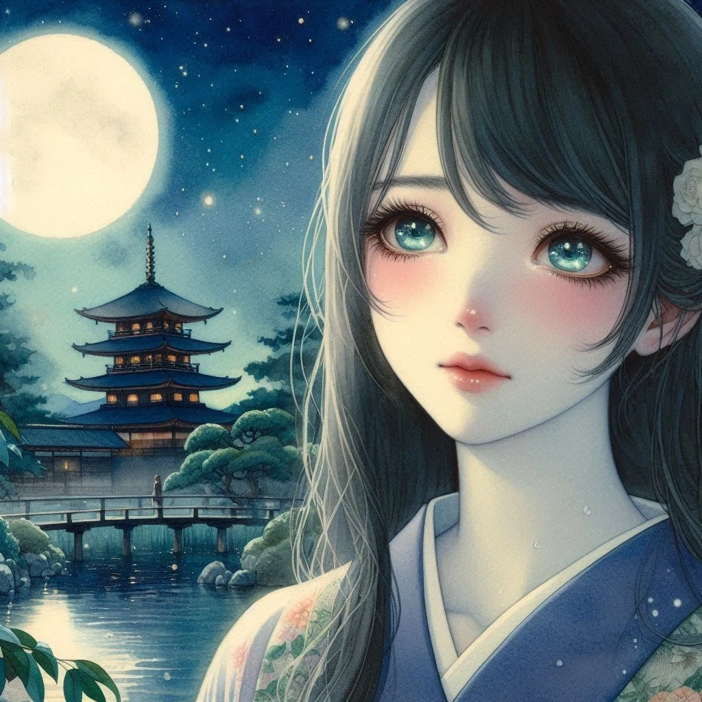 黄色い満月の夜、五重塔と池を背景に、10代の女の子が、今にも泣きだしそうに頬と花を赤くして、穏やかで静かな微笑みをたたえて、月を見上げている