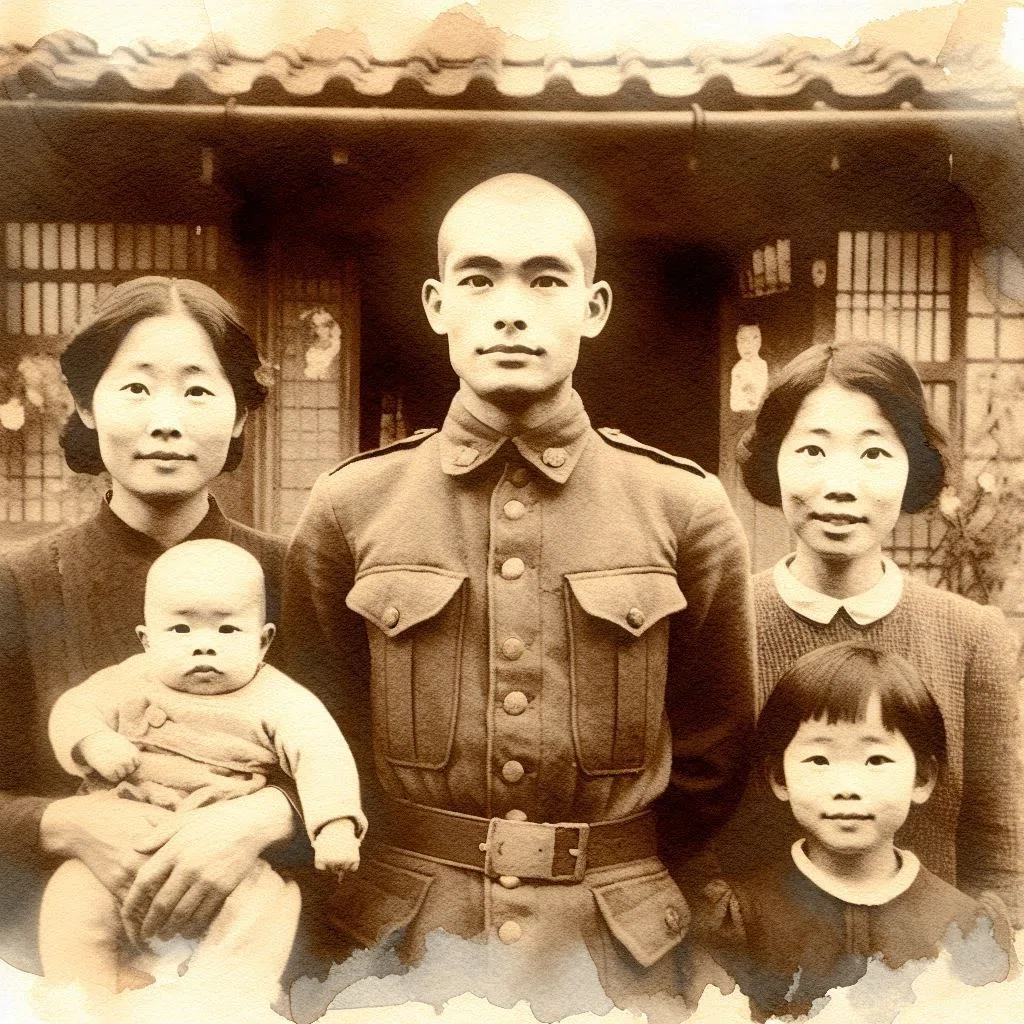 セピア色の白黒写真をイメージしたイラスト。昭和18年頃の民家の前で、軍服の男性と私服の女性がふたり。赤ちゃんと子どもが描かれている