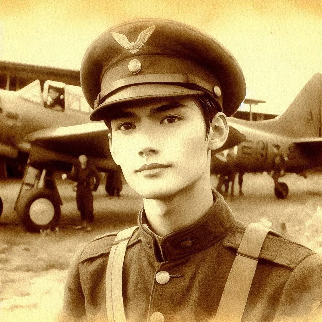 軍服姿の18歳くらいの性ねん。制帽をかぶり、背景には戦闘機が見える、セピア色の写真を描いたイラスト