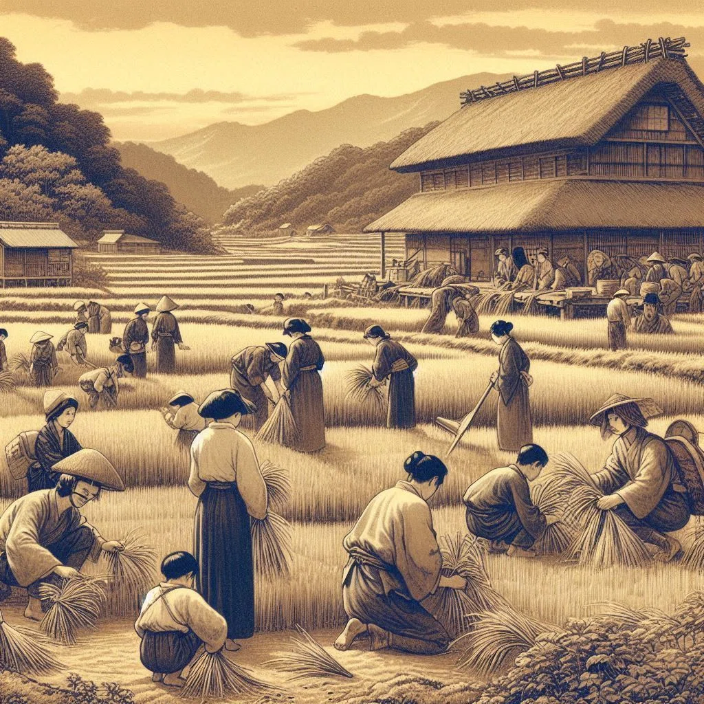 セピア色の写真を描いたイラスト。稲刈りと民家のシーン。衣装が稲刈りではなく普通の衣装である(笑)