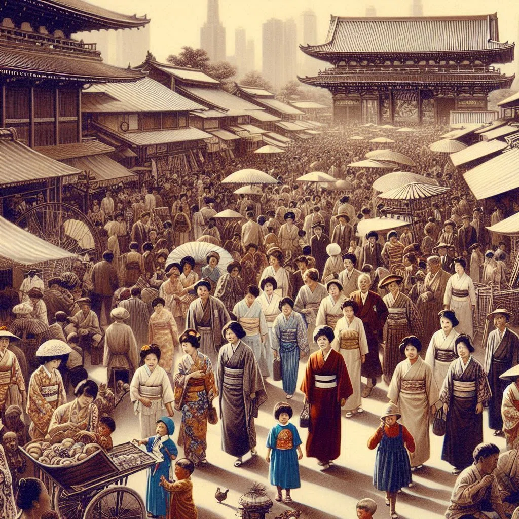 1800年代後半頃の、東京・浅草、浅草寺を指示した、セピア色の写真を描いたイラスト