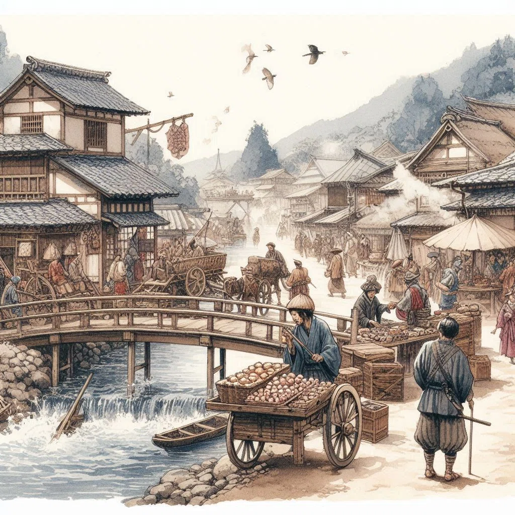 賑やかな城下町を描いた水彩画風イラスト。中央に小川、左手に民家、右手には道具やや茶店。手前には行商人、太鼓橋がかかり、たくさんの人が往来している