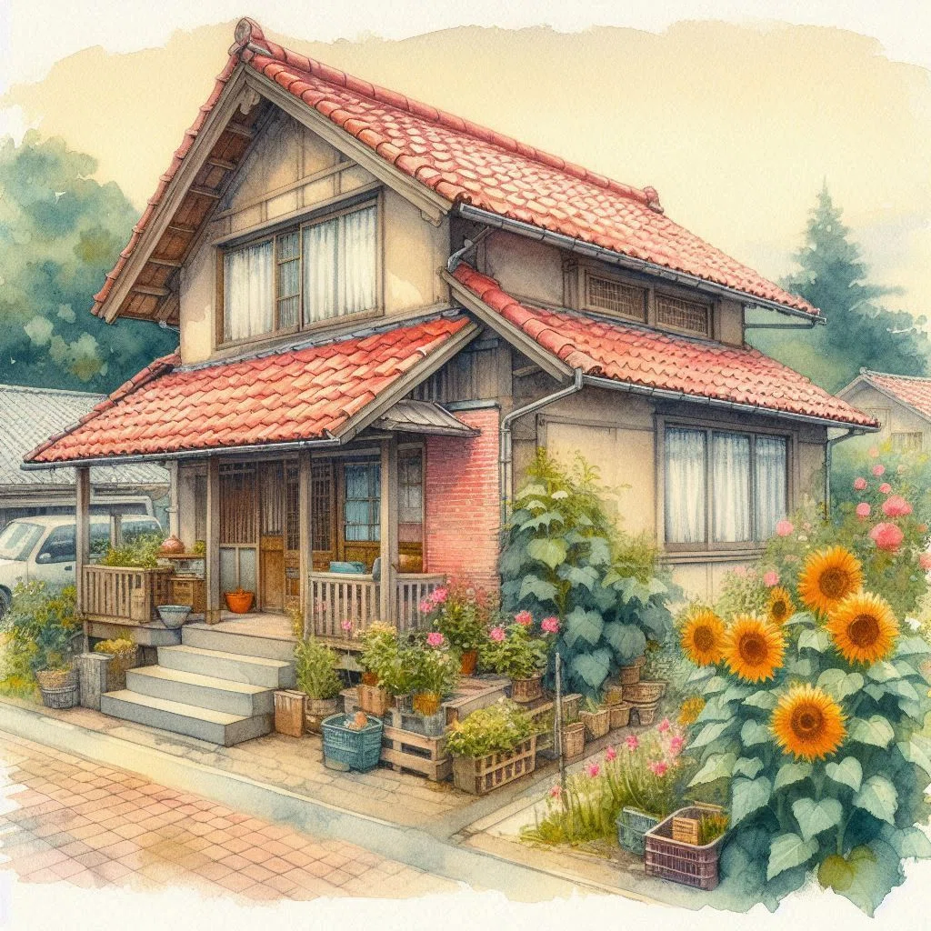 赤い屋根の2階建て、昭和40年代の小さな一軒家