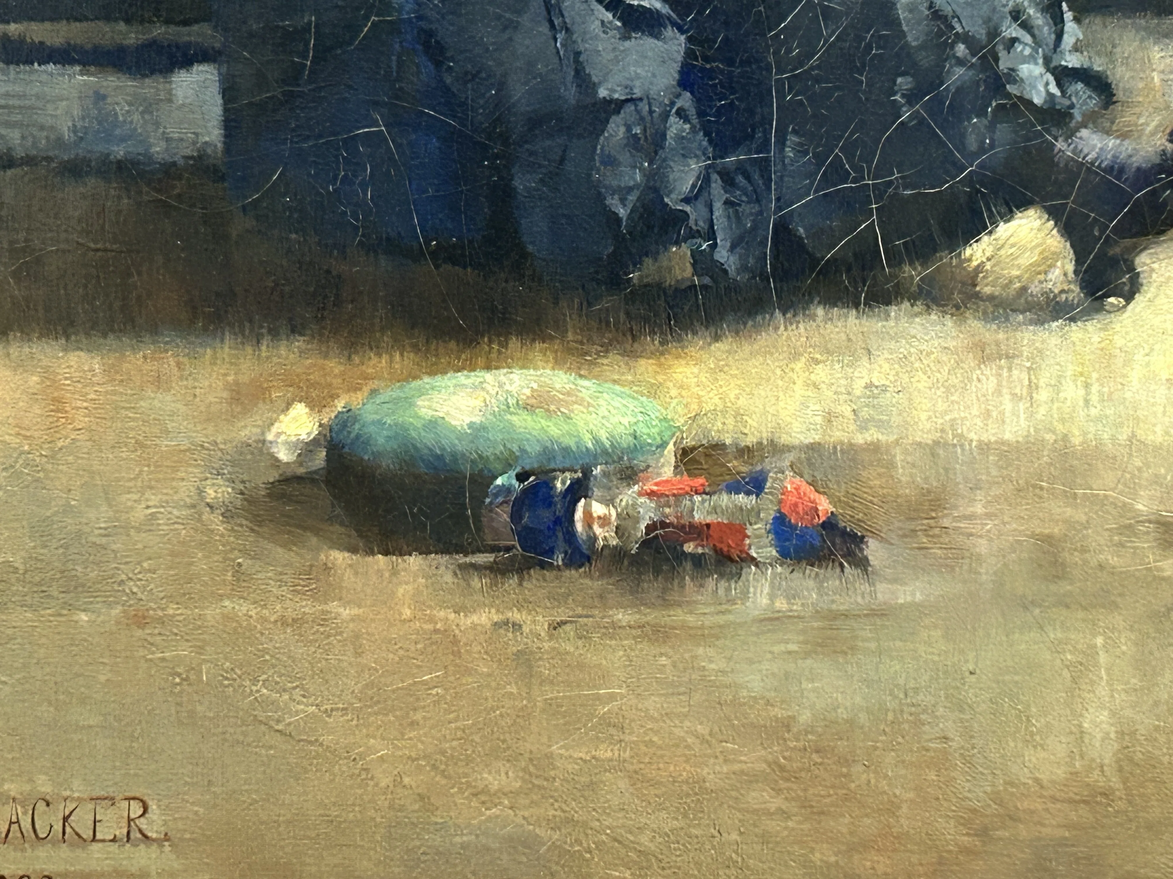 【真作】油彩 油絵 【ジャック・バルトリ】「暖炉の前のふたつの椅子」フランス画家 子供のためのオルセー美術館(144)青はお好き？/青のインテリア・北欧の