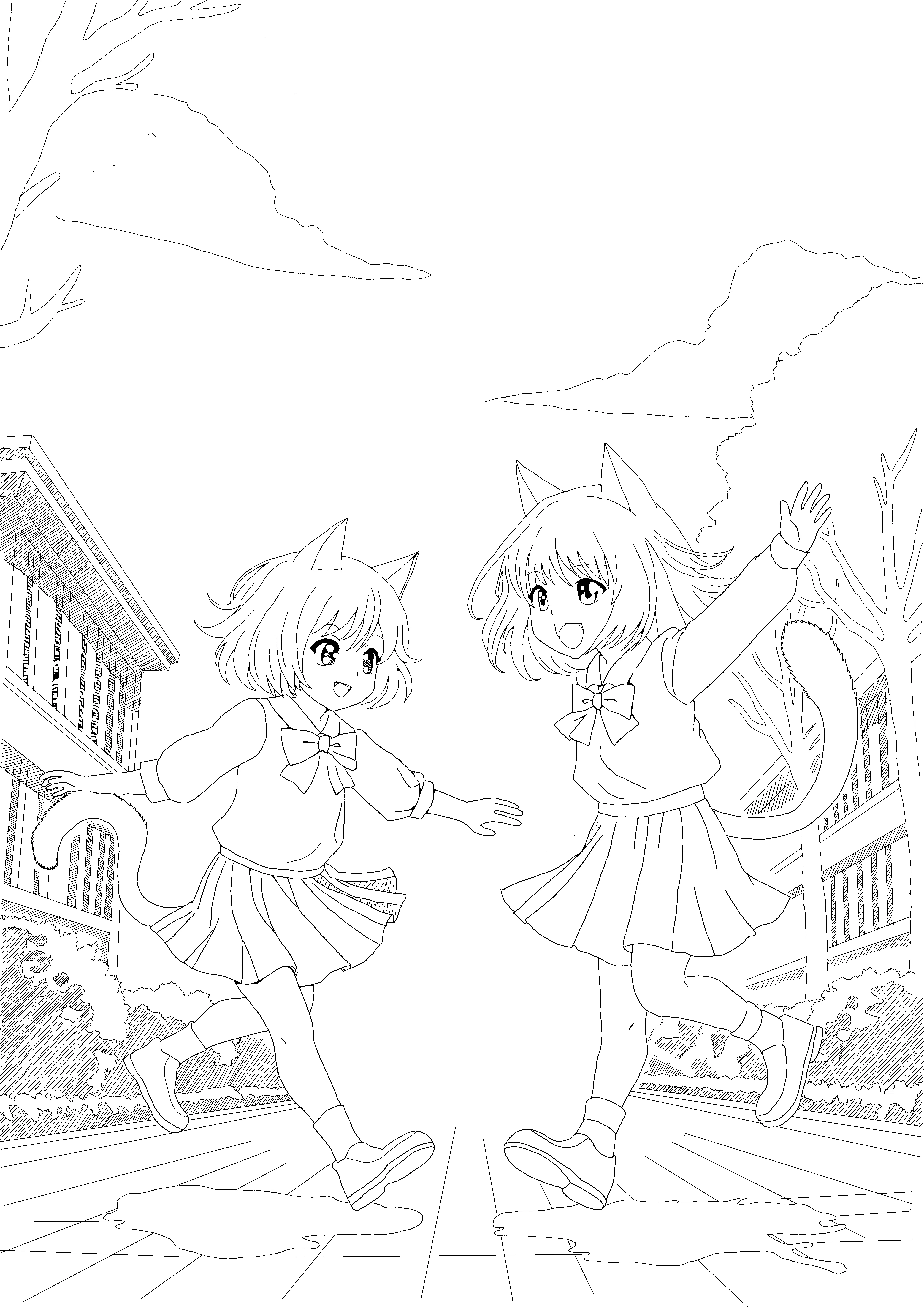 ♯8 猫耳の女の子の絵｜にゃおりん｜線画イラスト練習中