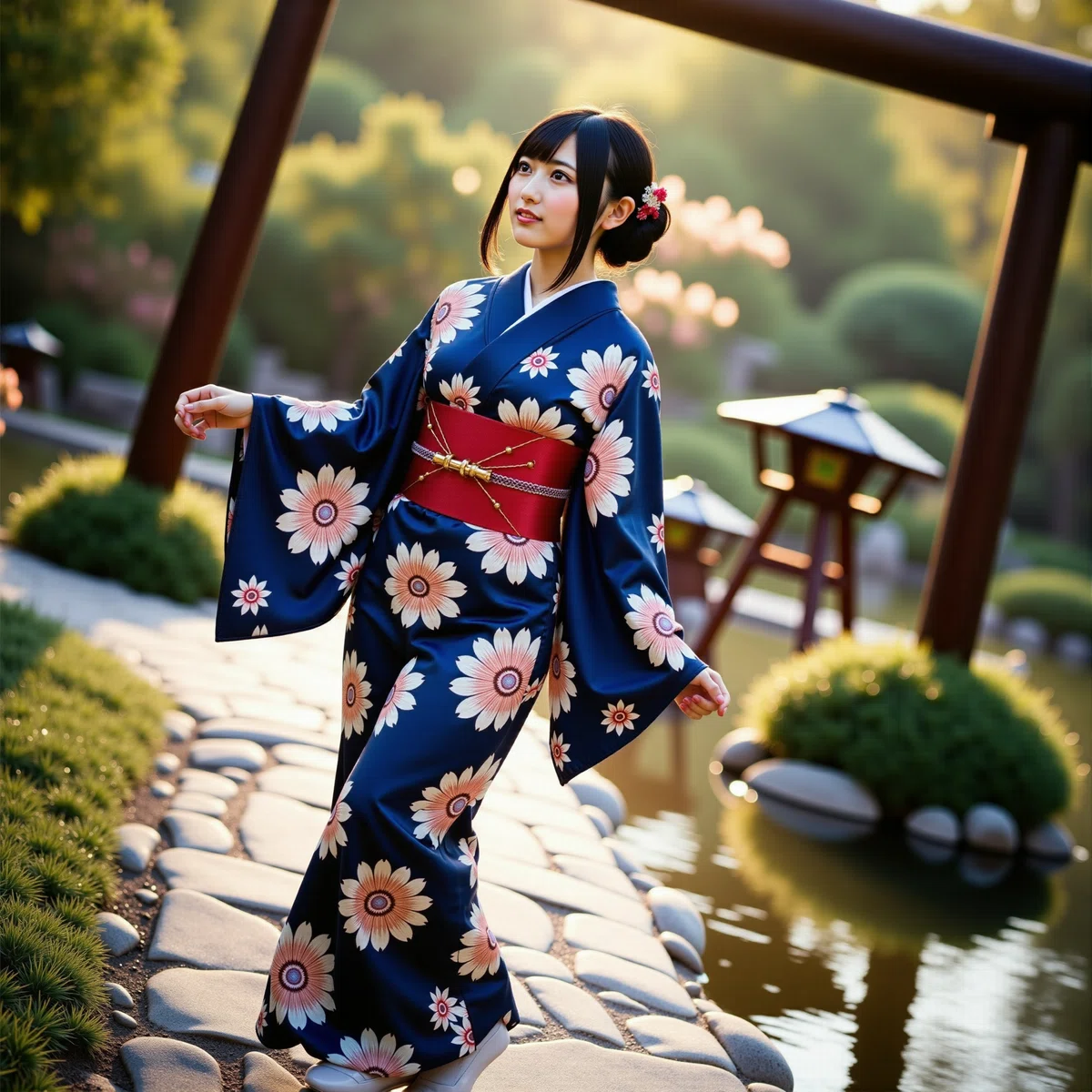 青色の着物を着た若い日本人女性の斜め構図のフォトリアルイラスト