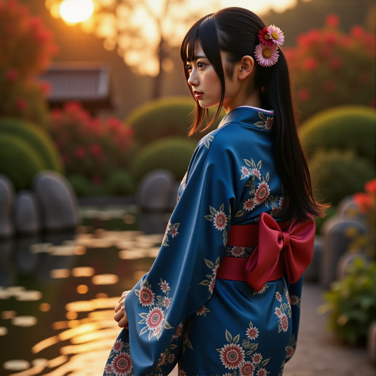 青色の着物を着た若い日本人女性の落ち着いたフォトリアルイラスト