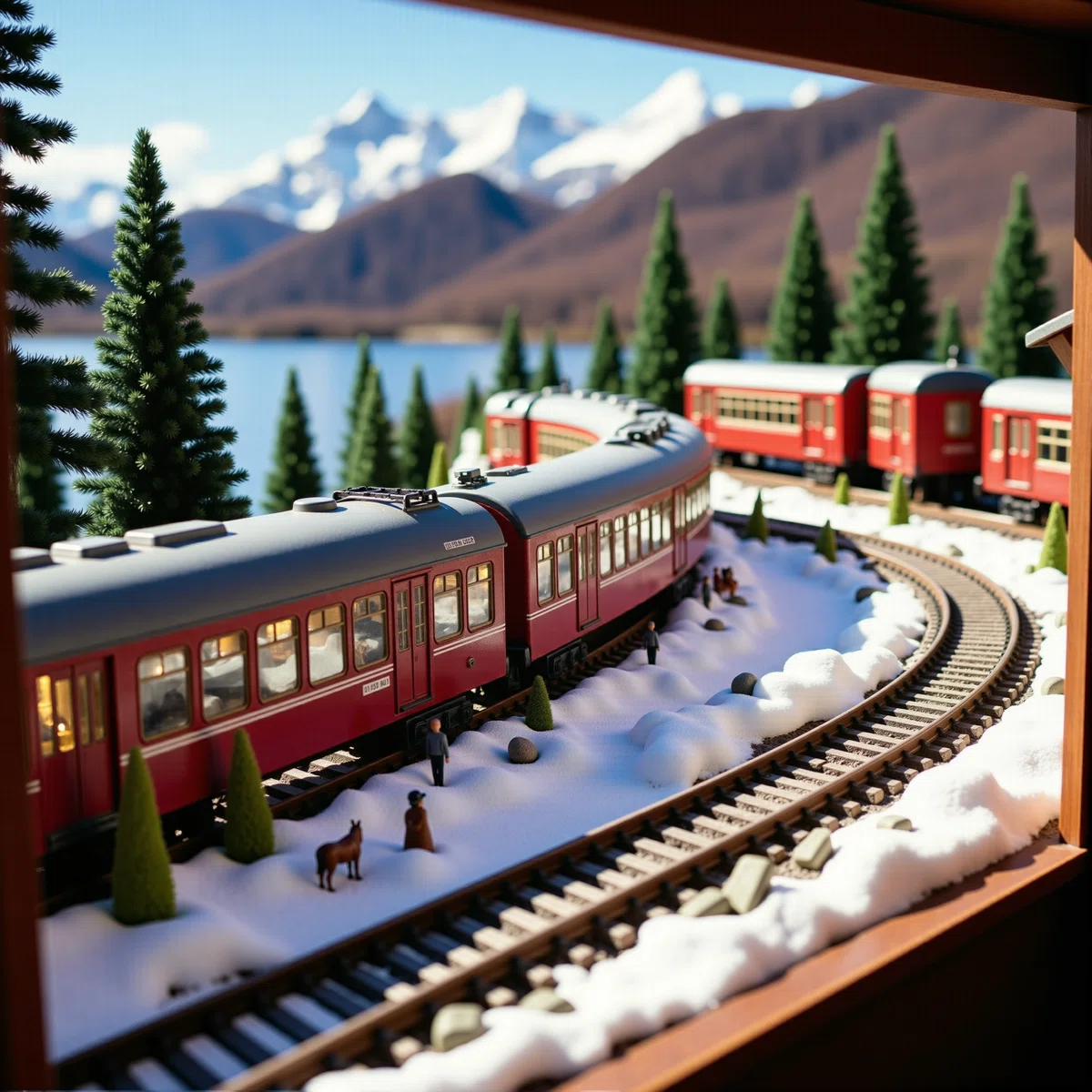 精巧な鉄道ジオラマ模型の明るいフォトイラスト