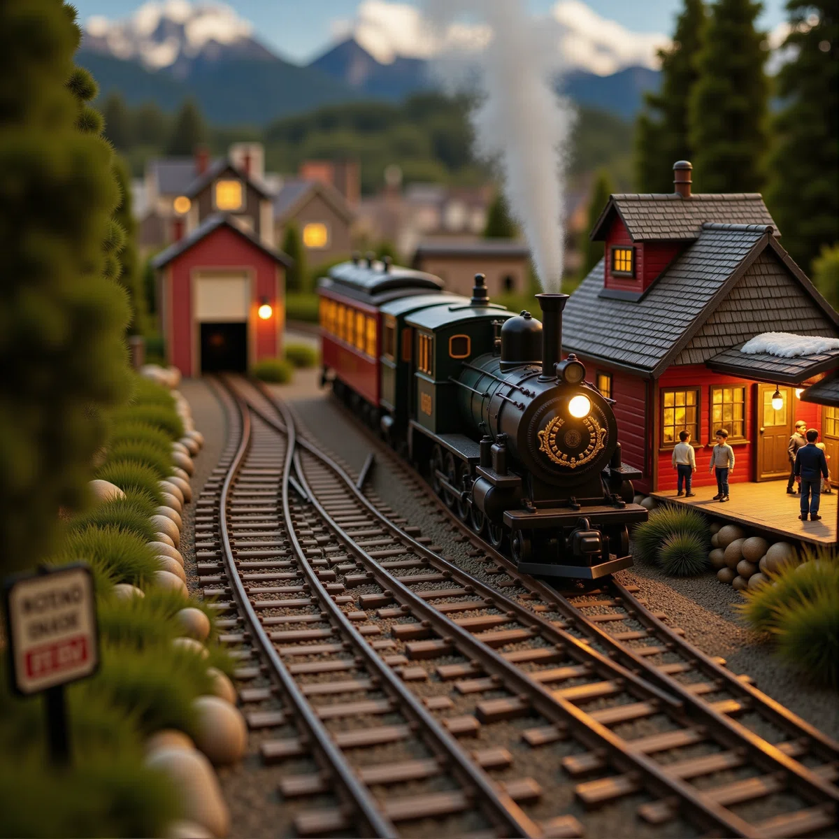 精巧な鉄道ジオラマ模型の落ち着いたフォトイラスト