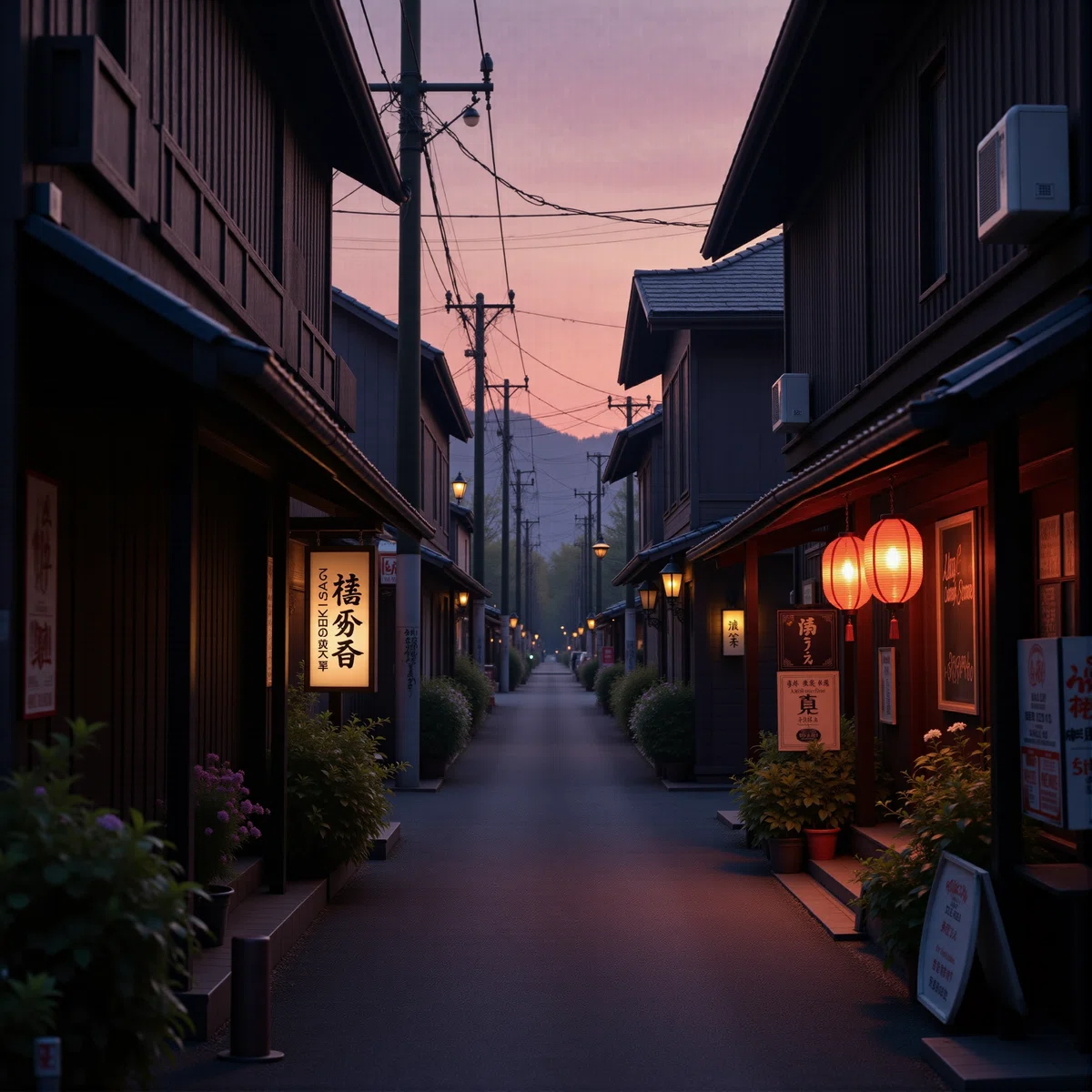 日本の裏路地の夕暮れの落ち着いた感じのフォトイラスト