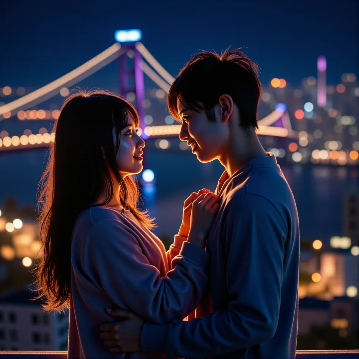 暗い背景の夜景の中で見つめあう若いカップルのフォトイラスト