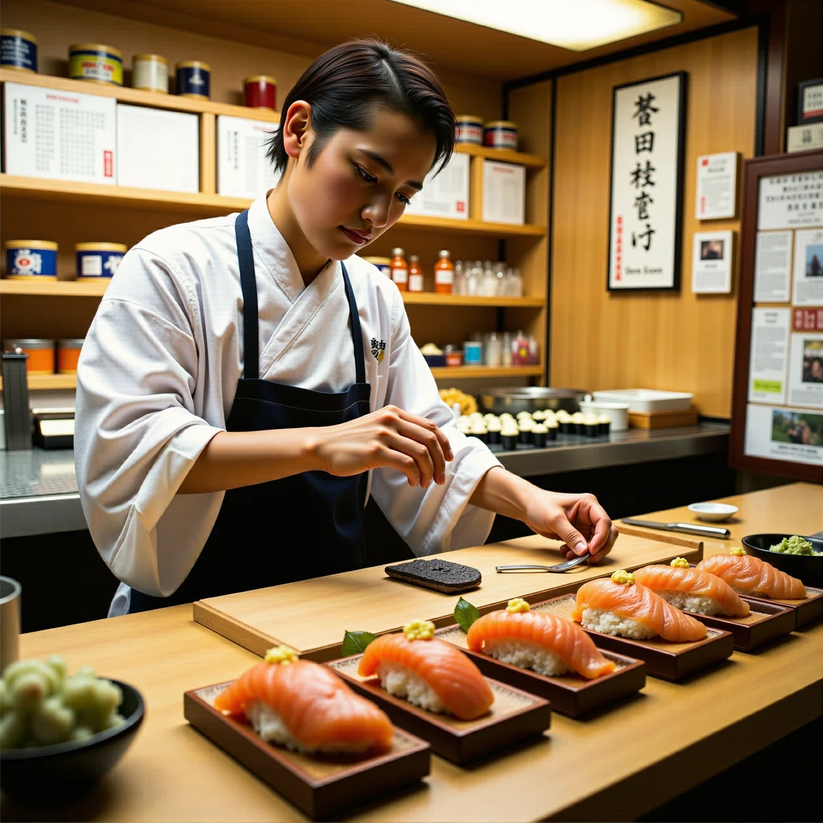 横から見た構図の真剣な表情の和食の料理人のフォトイラスト