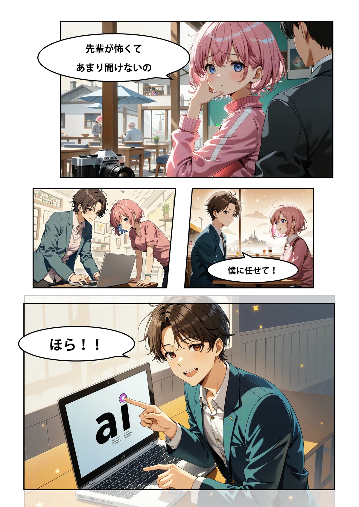 若い写真家の女の子が彼氏にAIの使い方を教えてもらう4コマ漫画