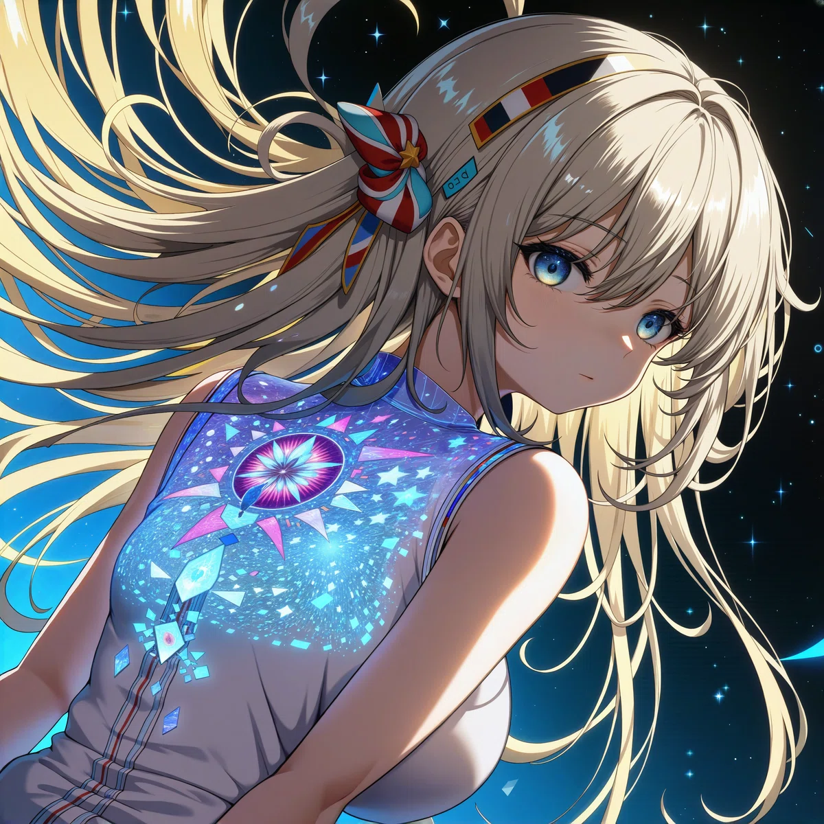 電子の海でAIが自我を持った瞬間をとらえた正方形のカラフルなイラスト、Flux.1で再描画してクリアーになったもの