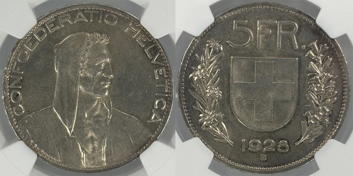 (初期年号)スイス連邦　農夫像　5フラン銀貨　1933 B 1928年（B）スイス 5フラン銀貨（ウィリアム・テル）｜アンティーク