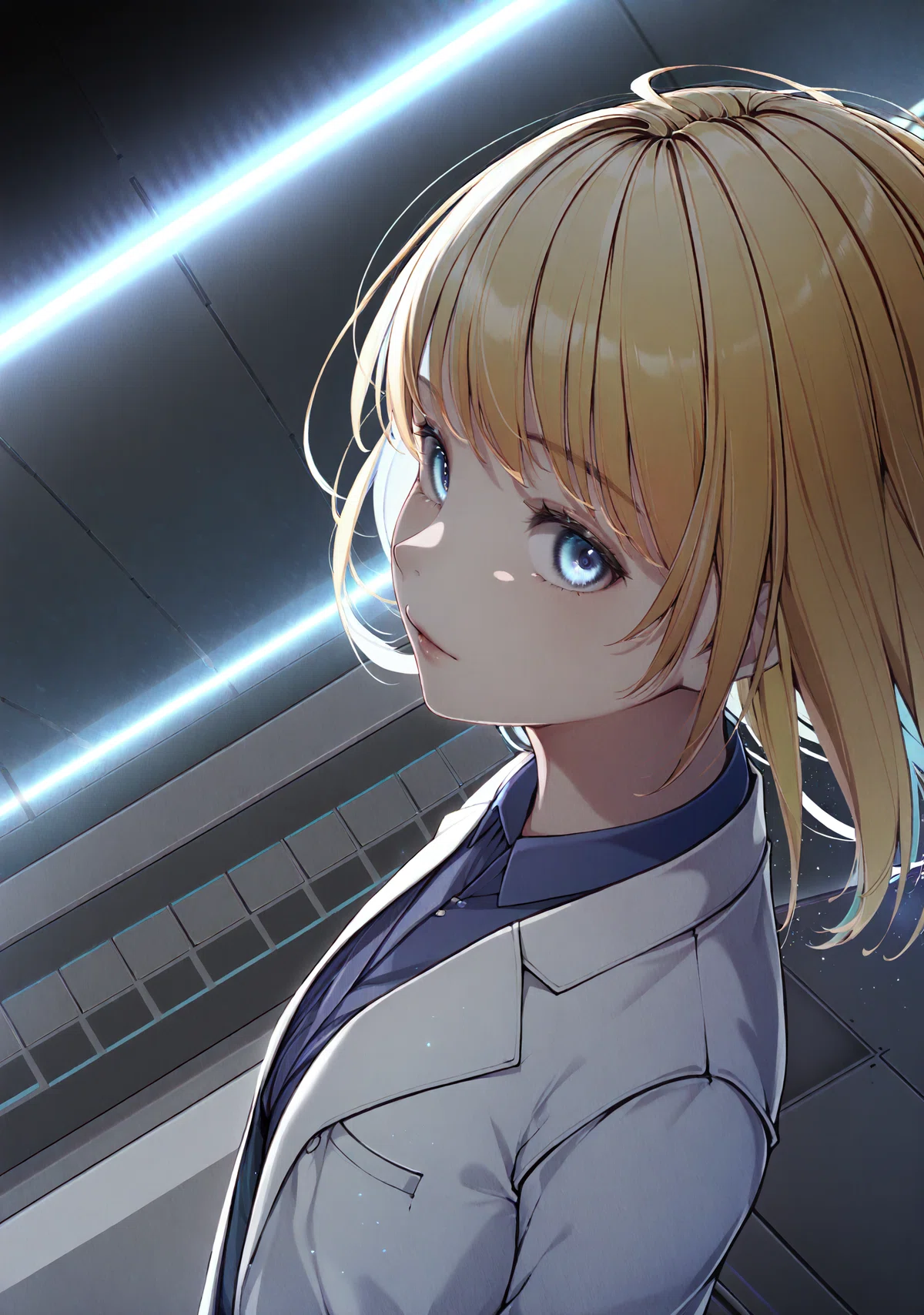 白衣を着た金髪の女性科学者が、斜め上目線でこちらをみているアニメイラスト