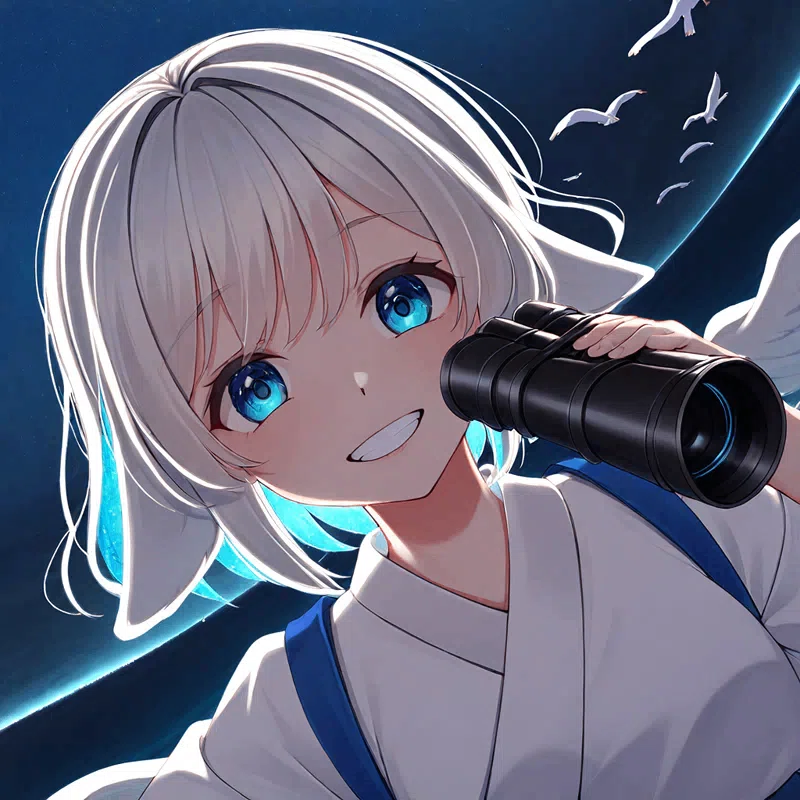 白い髪と白い兎耳の小さな女の子が、望遠鏡を片手に満面の笑みでこちらをみているアニメイラスト