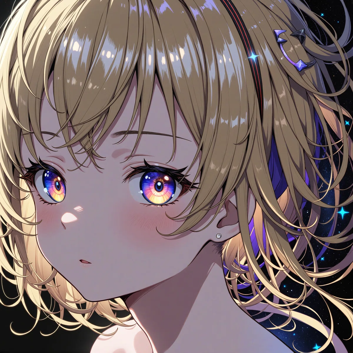 Illustrius-pencil-XL と blue_pencil-flux1 のワークフローで生成したカラフルなイラスト、全体がきれいな紫調で目が輝いている