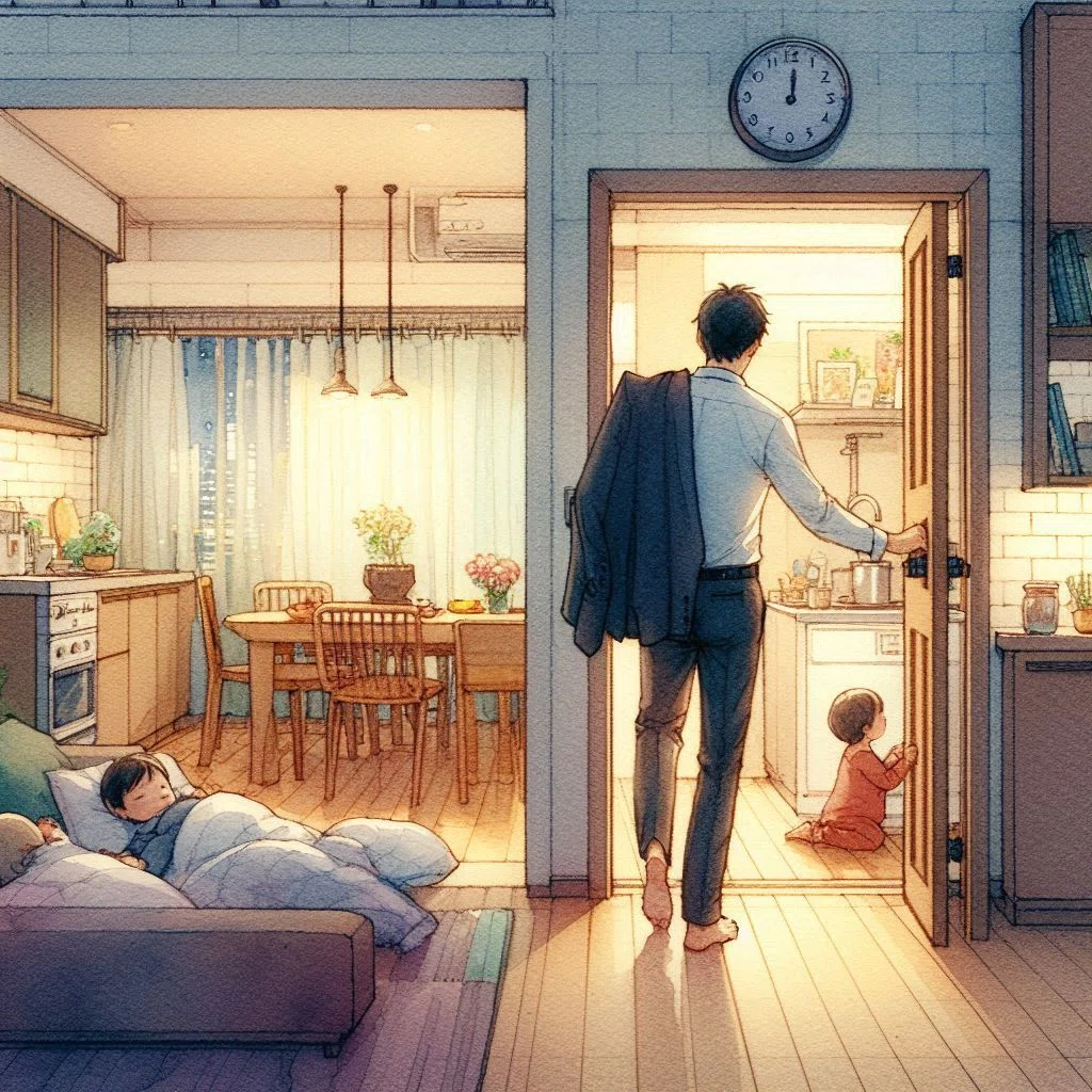 深夜にマンションに帰宅する男性。リビングは消灯され、子どもが寝ている。ダイニングとキッチンに明かりがつき、下の子がお母さんにおねだりをしている。男性はスーツの上着を左肩にかけ、右手でドアノブを掴み、ドアを開けているシーン