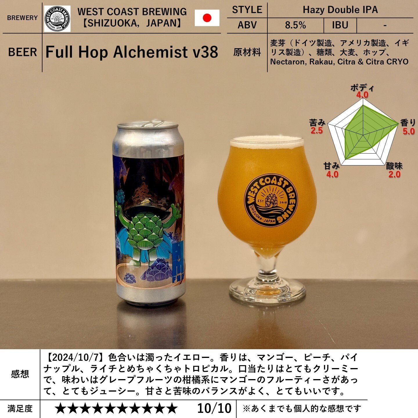 WEST COAST BREWING の「Full Hop Alchemist v38」｜yamashin0120