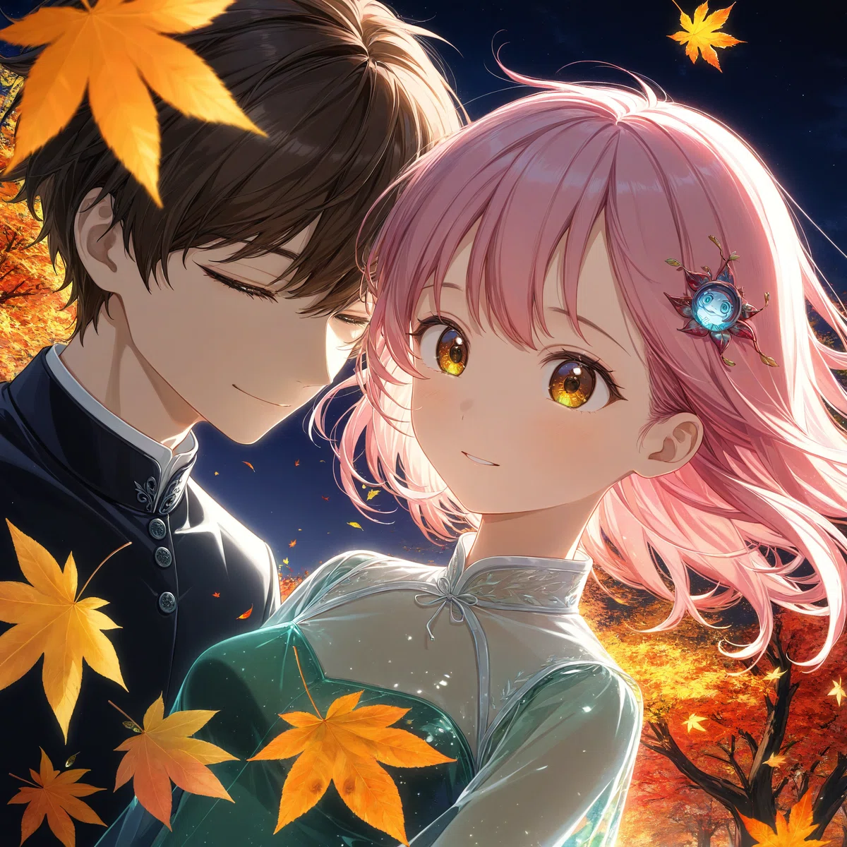 紅葉のライトアップを楽しむ若いカップルのアニメイラスト
