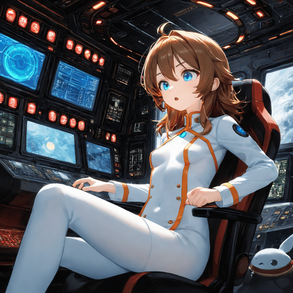 宇宙船の女性オペレーターのアニメイラスト、SDXLの基本解像度のオリジナル