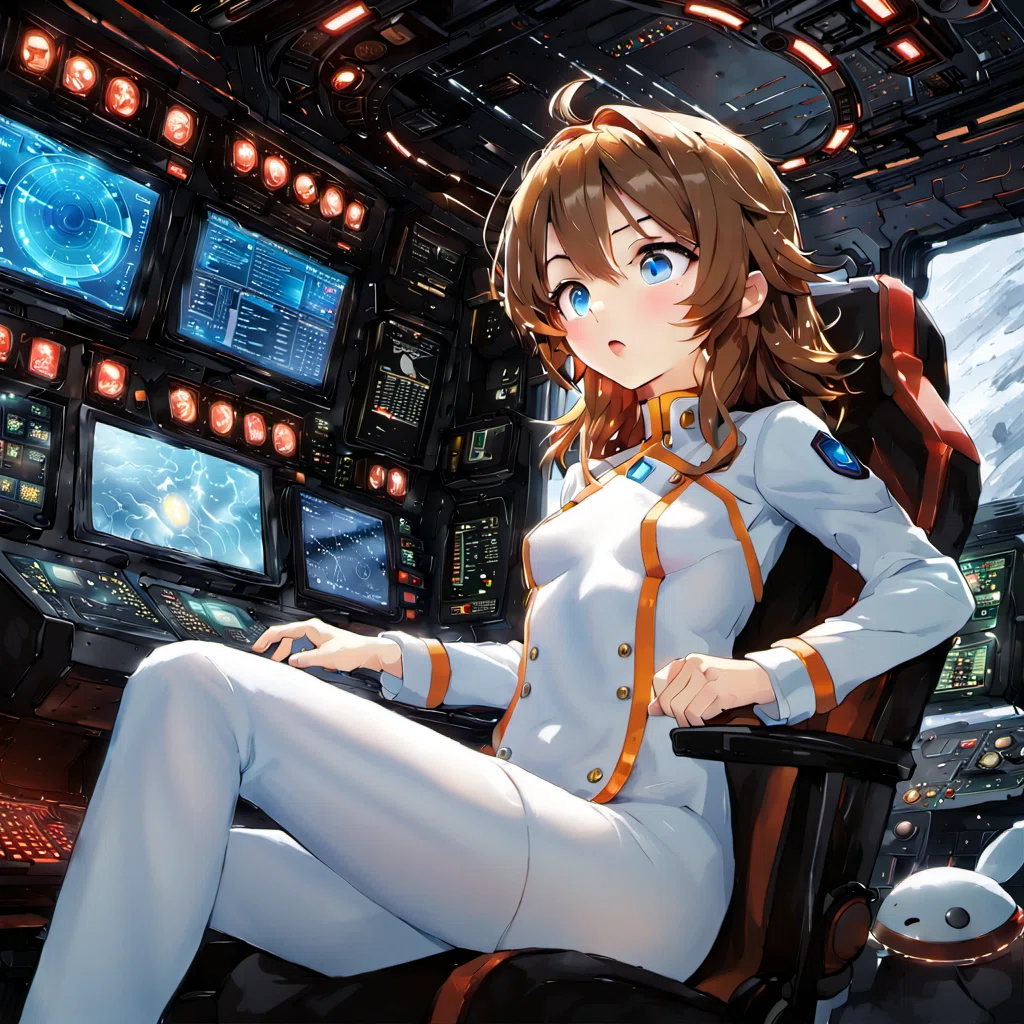 宇宙船の女性オペレーターのアニメイラスト、SDXLの基本解像度のRefinerを追加したもの