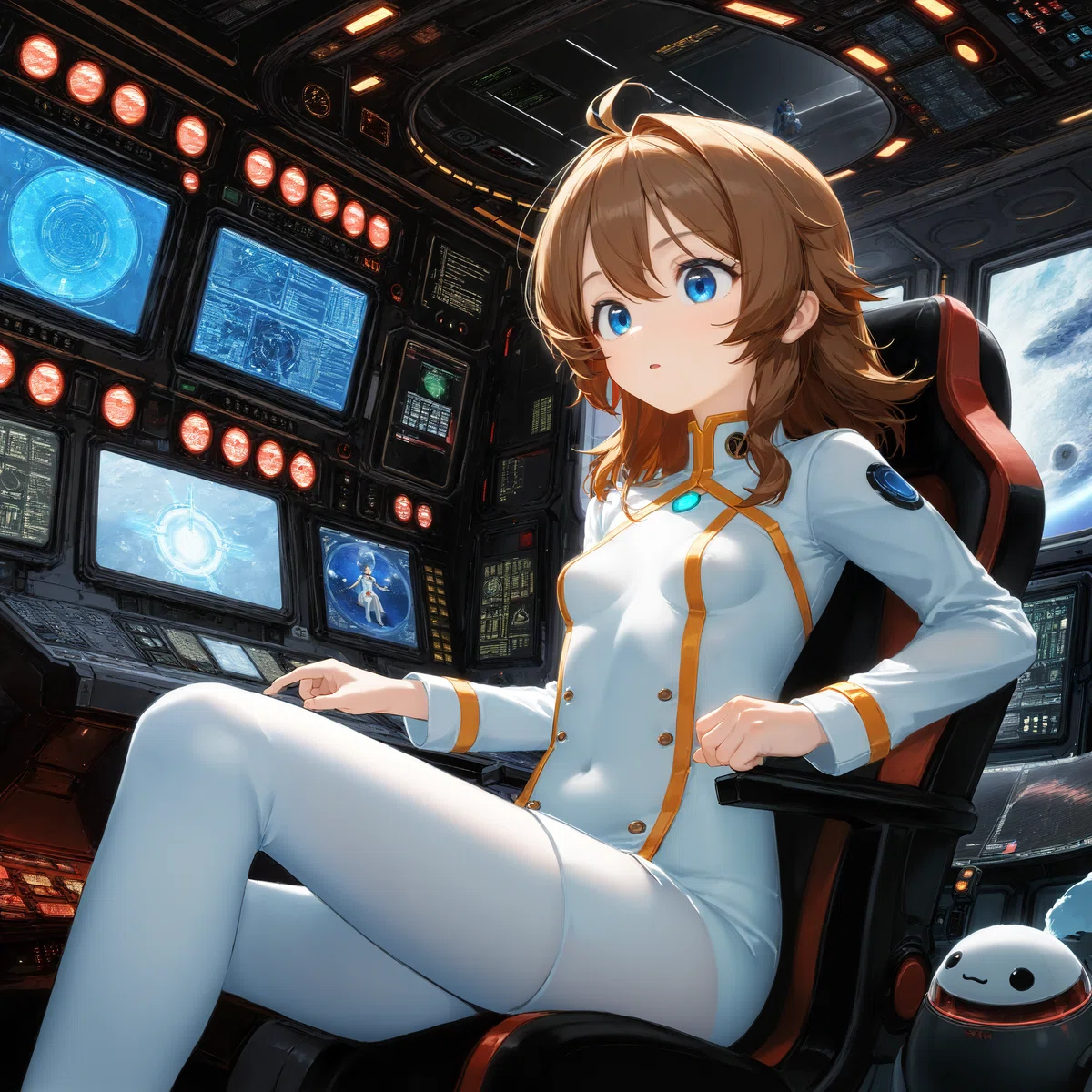 宇宙船の女性オペレーターのアニメイラスト、高解像度化