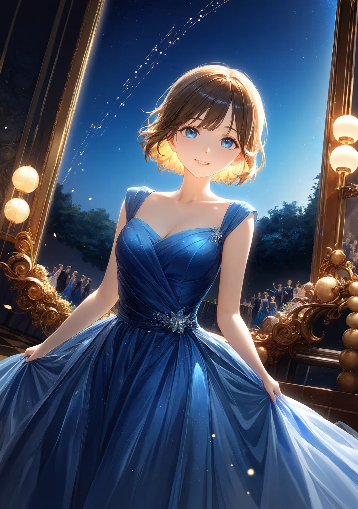 青いドレスを着てこちらを見ながら微笑む女性のアニメイラスト、Refinerを追加したもの