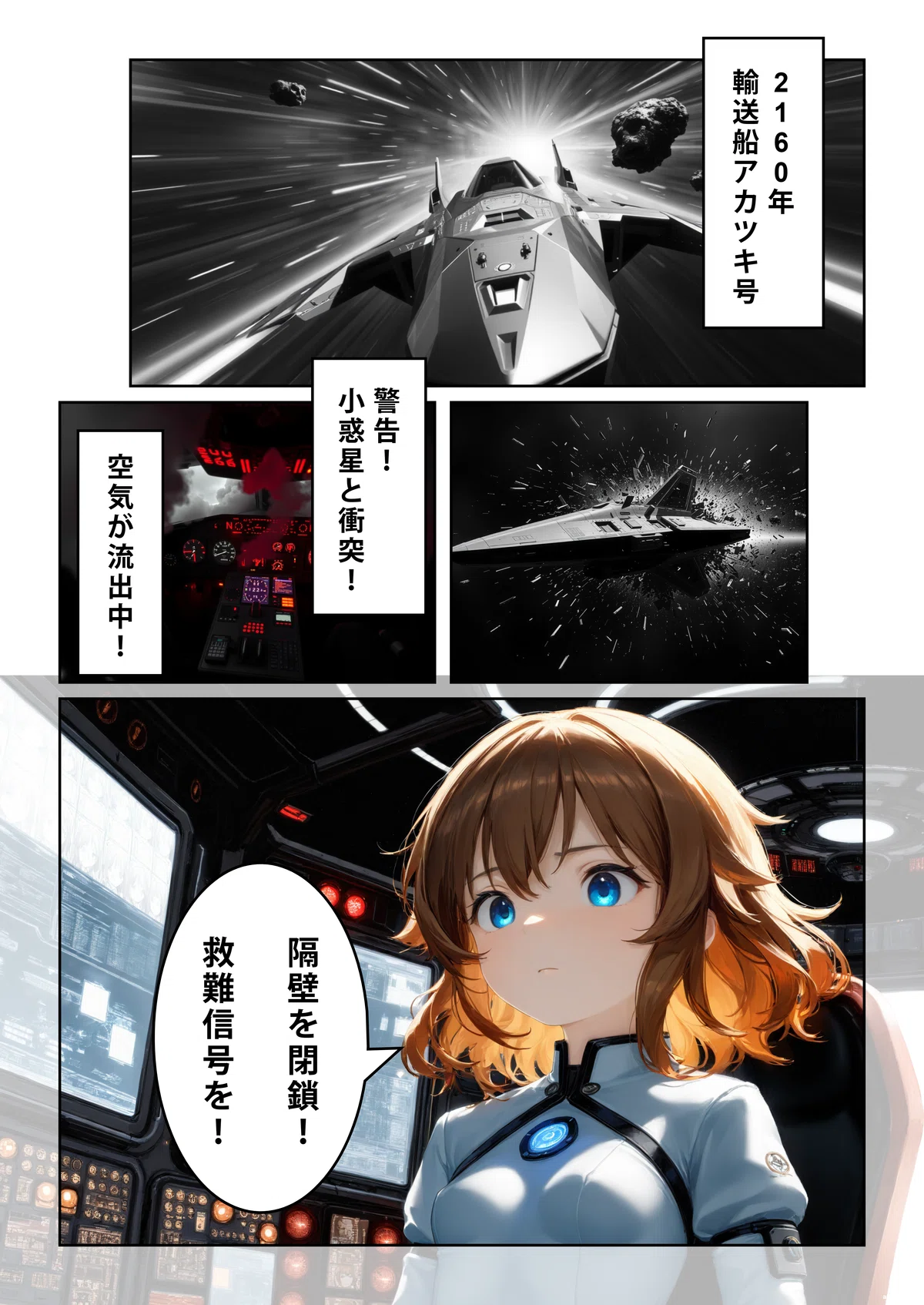 宇宙船が小惑星と衝突して大破する4コマ漫画