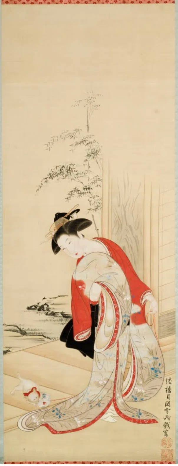 月岡雪鼎】 日本画 / 軸装 / 絹本・彩色 「美人遊戯之図」 査定 買取 月岡雪鼎】 日本画 / 軸装 / 絹本・彩色 「美人遊戯之図」 査定 買取