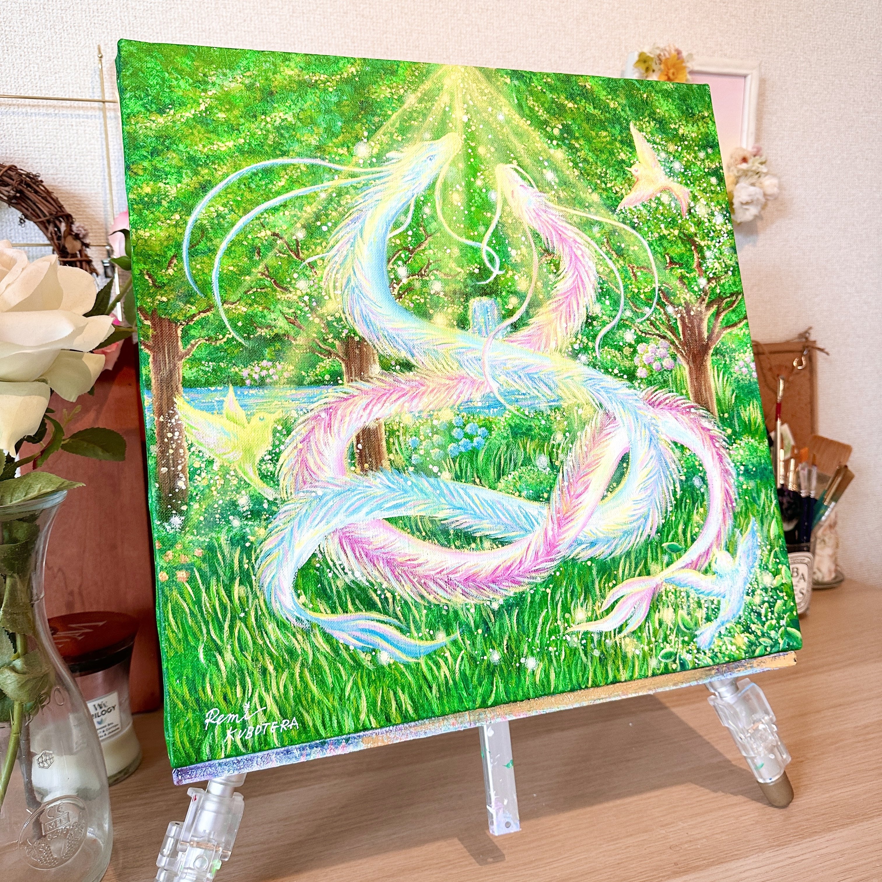 プーコ様オーダー油絵作品・やぎの親子が戯れる村里