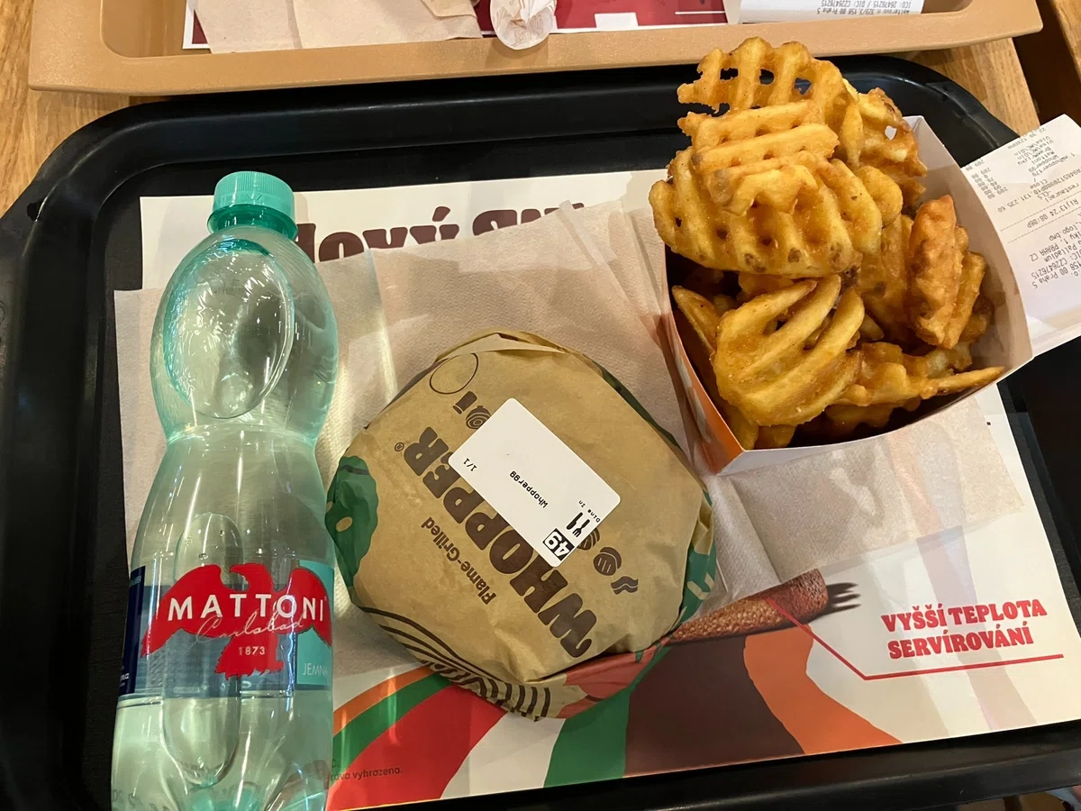 左からペットボトルの水、ハンバーガーの包み、あみあみのポテトがトレーに載っている