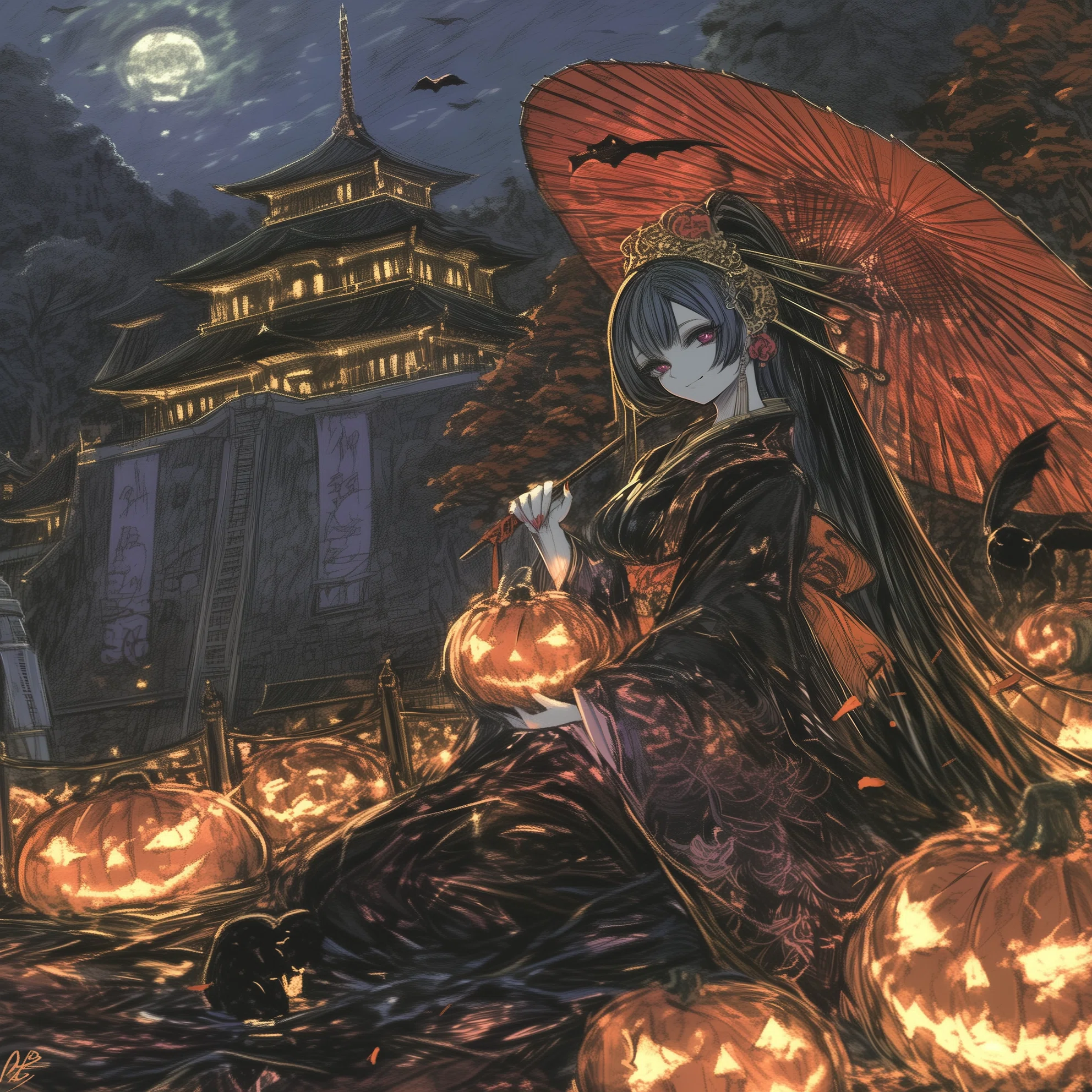 AIイラスト】和×ハロウィン:25枚｜黒猫さん