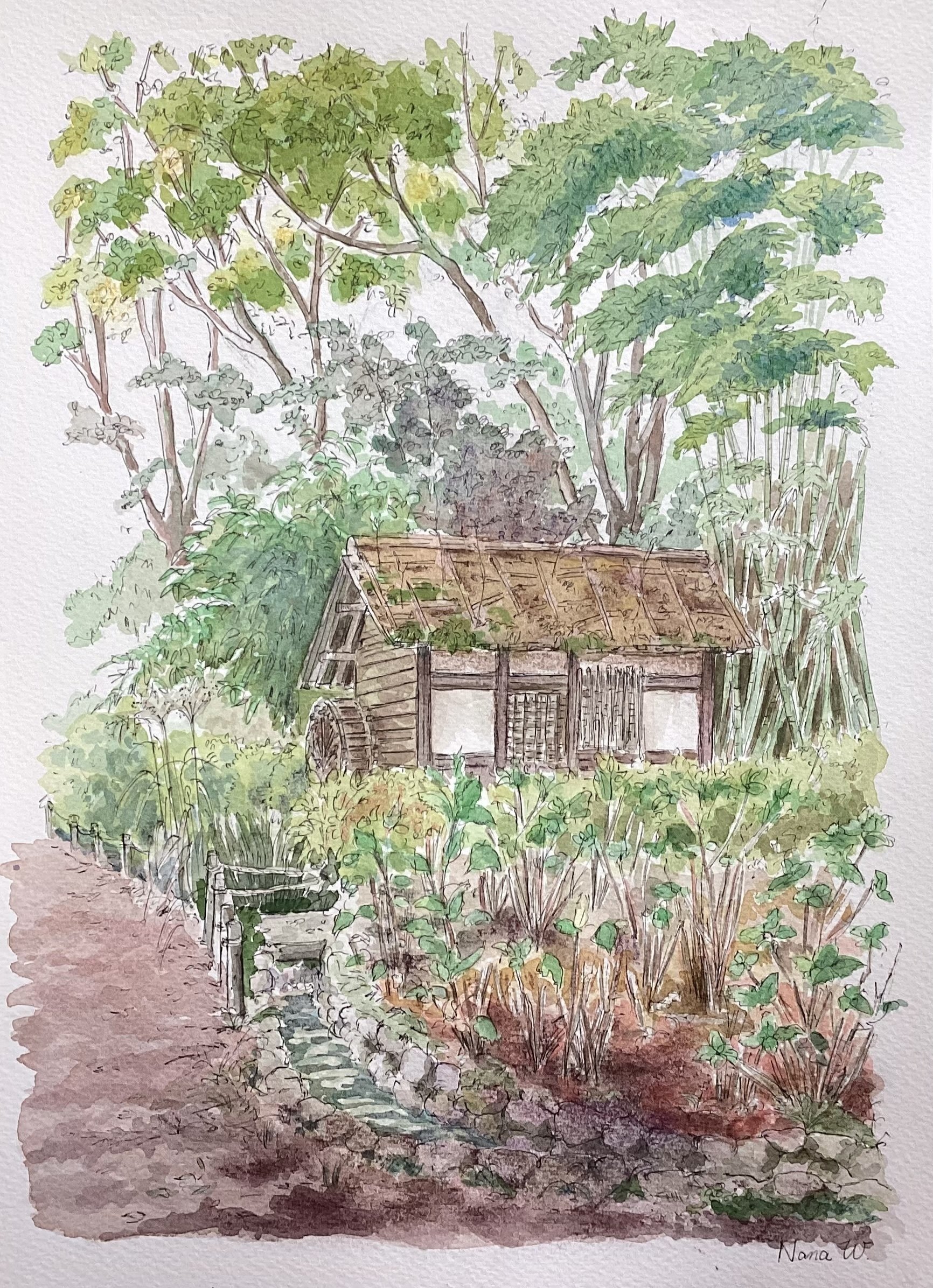 水彩イラスト】郷土の森公園の水車小屋｜ワカサト ナナ