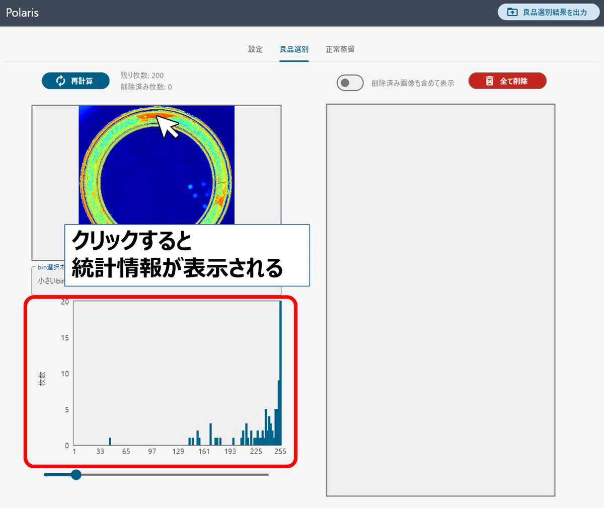 ヒストグラム表示。外れ値の画像が統計的に可視化されている